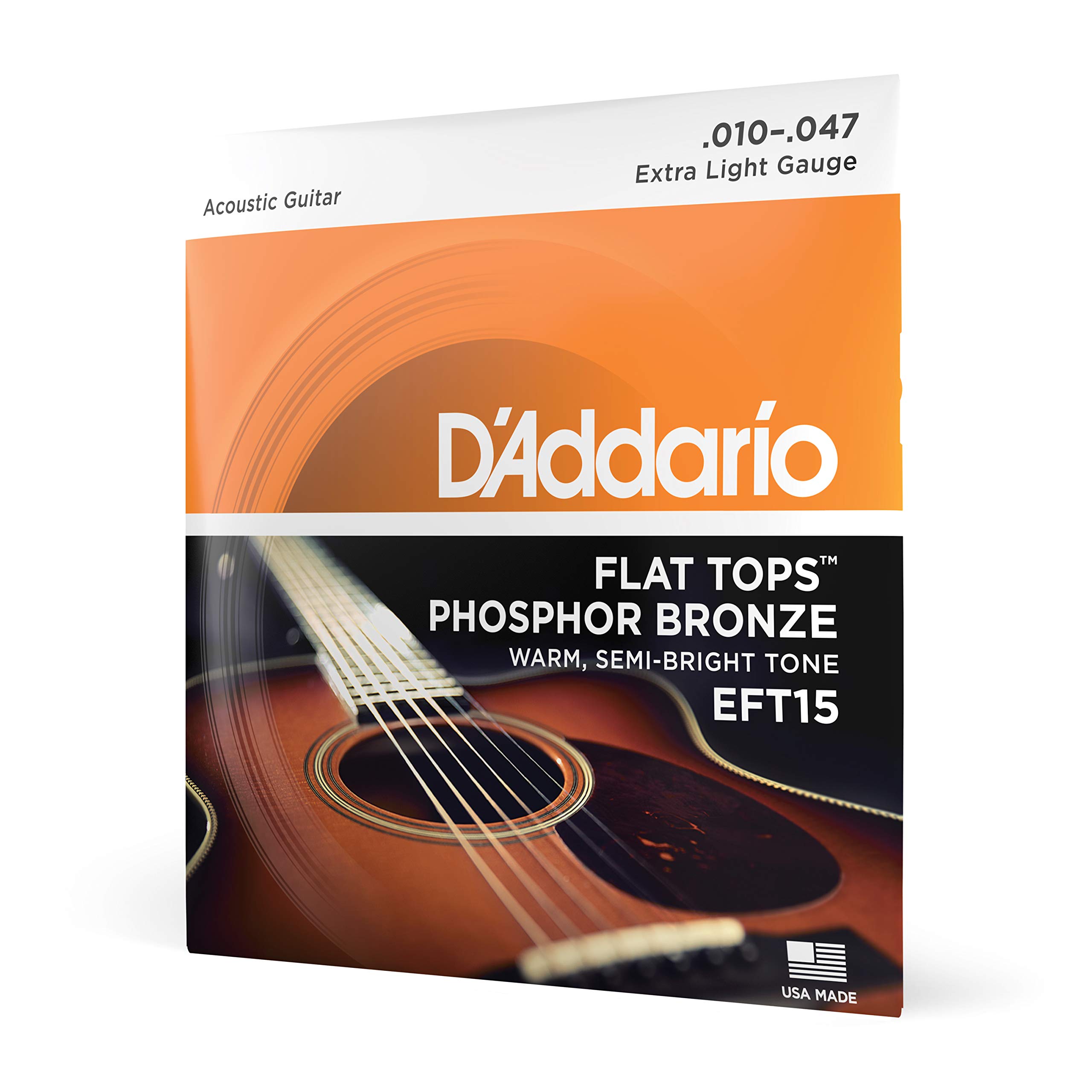 D'Addario Guitar Strings - Acoustic Guitar Strings - Flat Tops Phosphor Bronze - For 6 String Guitar - Warm, Semi-Bright Tone - EFT15 - Extra Light, 10-47
