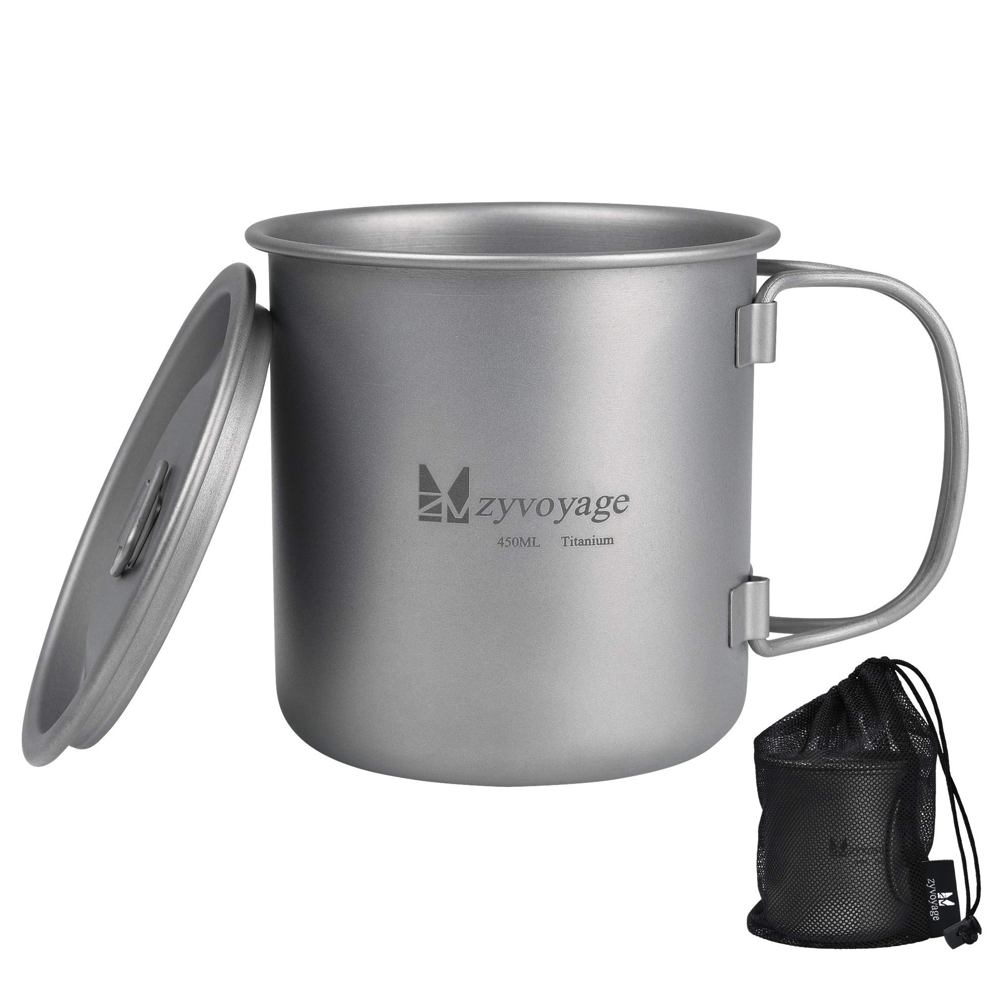zyvoyage Titanium Mug Cup with Lid Camping Portable Water Cup Ultralight Outdoor Cookware Pot 450 ml Folding Handle (450 ml)