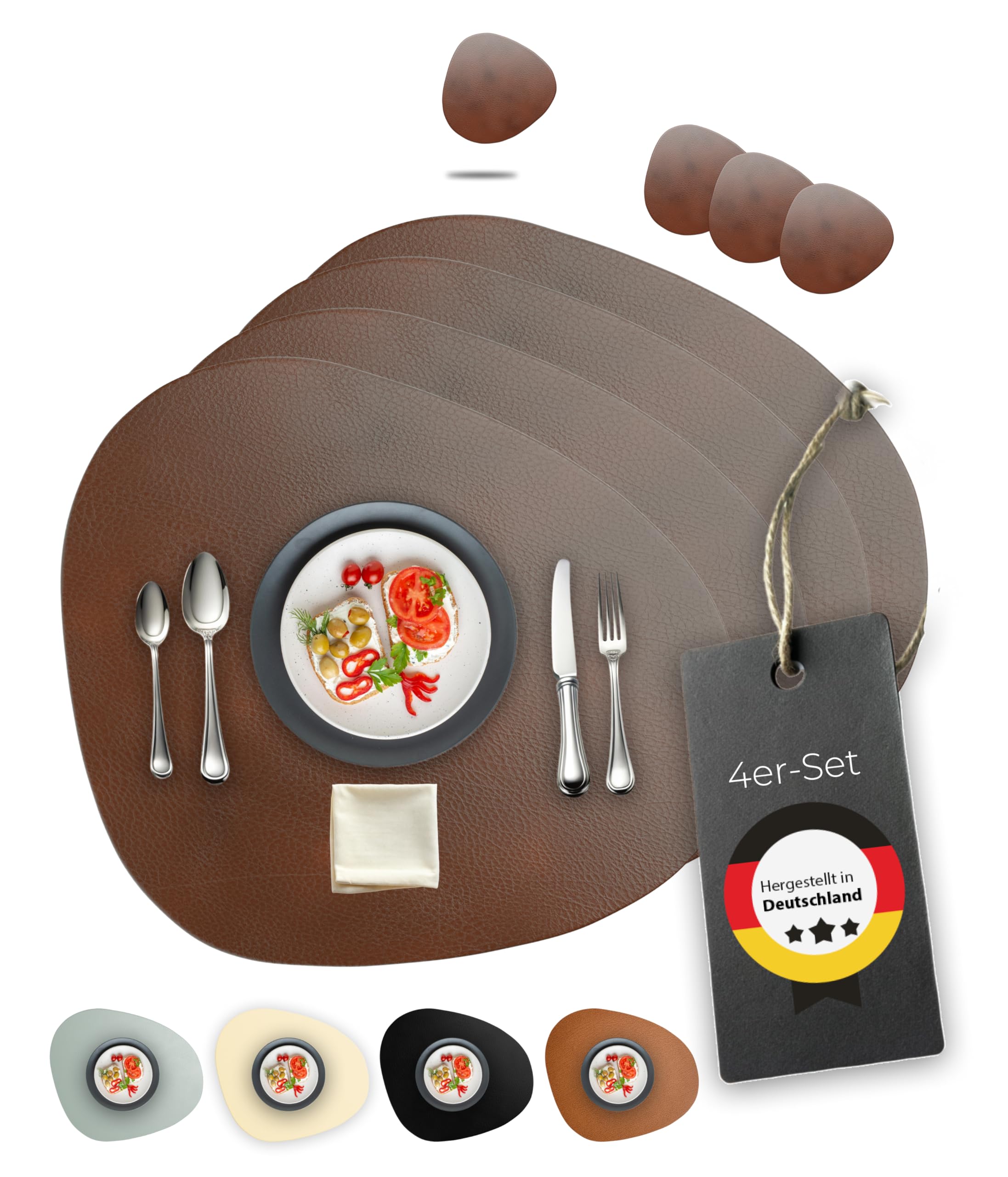 Lederfabrik Garnier® Place Mats and Coasters, Set of 4, Washable, Genuine Recycled Leather, Placemats, Stable and Non-Slip Modern, 39 x 35 cm, Sustainable, Made in Germany (Brown)