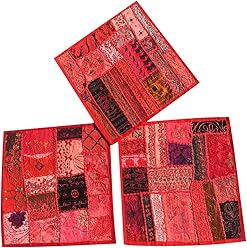 Set Of 3 Boho Decorative Indian Throw Pillow Cases Red Embroidered Patchwork Cushion Cover 16 x 16