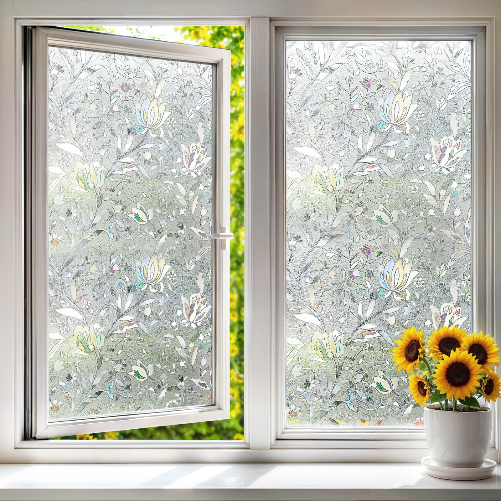 Qualsen Window Film Privacy Film for Glass Windows Rainbow 3D Tulip Patterned Stained Glass Window Films Frosted Opaque Removable Non Adhesive Static Cling Decoration for Home, Kitchen 44.3 x 200cm