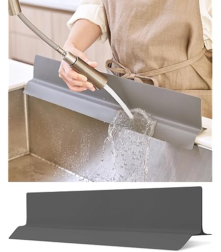 Silicone Sink Splash Guard With Sponge Holder - 19.5" Kitchen Sink Protector, Strong Suction Cups, Gray