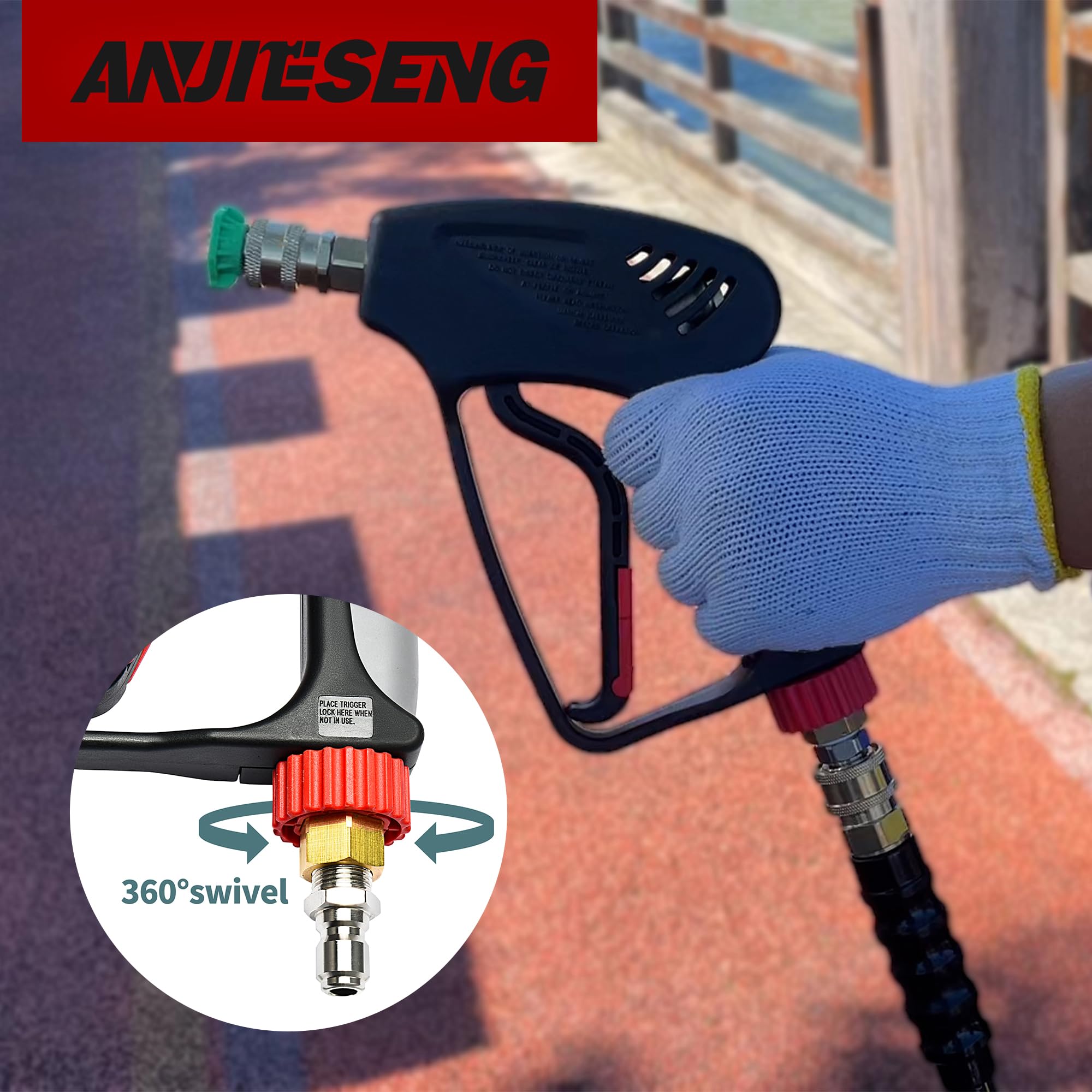 ANJIESENG Short Pressure Washer Gun with 360 Swivel - 5000 PSI / 10.5 GPM High Pressure Water Handle with 3/8