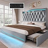 YITAHOME King Size Bed Frame with 4 Storage Drawers and RGB LED Lights, 57'' Tall Headboard Velvet Upholstered Bed with Charging Station, No Box Spring Needed, Easy Assembly, Noise-Free, Grey