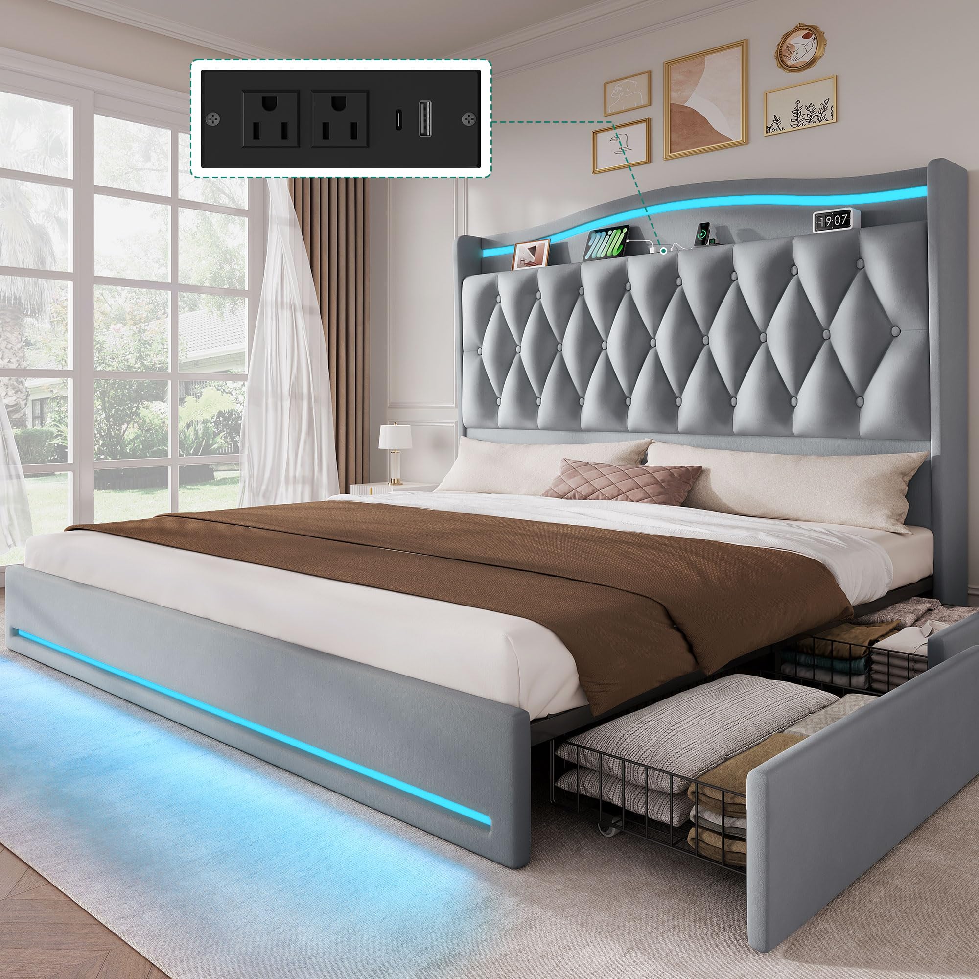 YITAHOME King Size Bed Frame with 4 Storage Drawers and RGB LED Lights ...