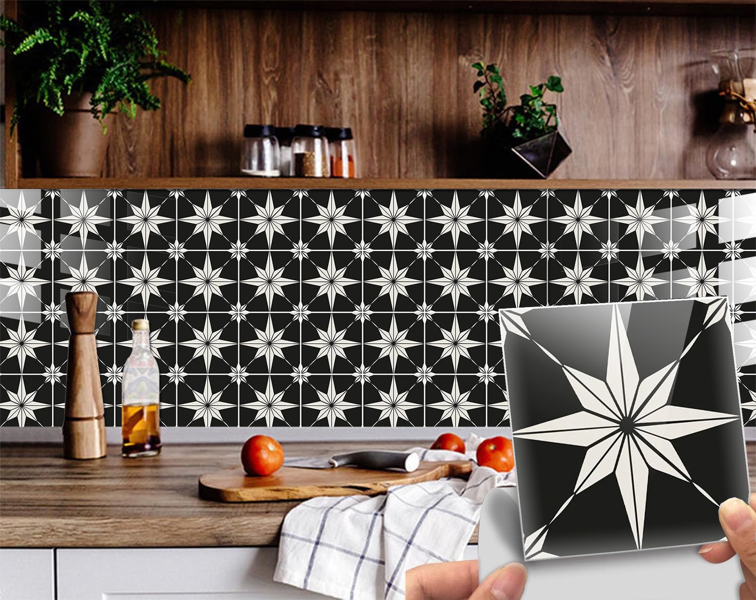 Black Starry Tile Stickers - Fireplace - Waterproof & Removable - Easy Peel and Stick - Backsplash Decals for Kitchen and Bathroom Wall, Floors Decors, Stair Riser Decor, 6X6/ Piece,16 PC/Pack