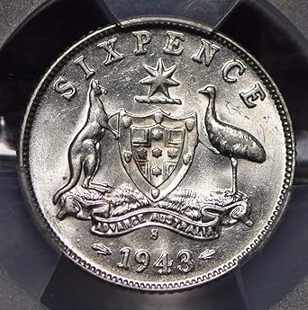 1943 Au Australia 1943 6 Pence Kangaroo Animal Emu Pcgs Au58 Pc0788 Br Br Multiples