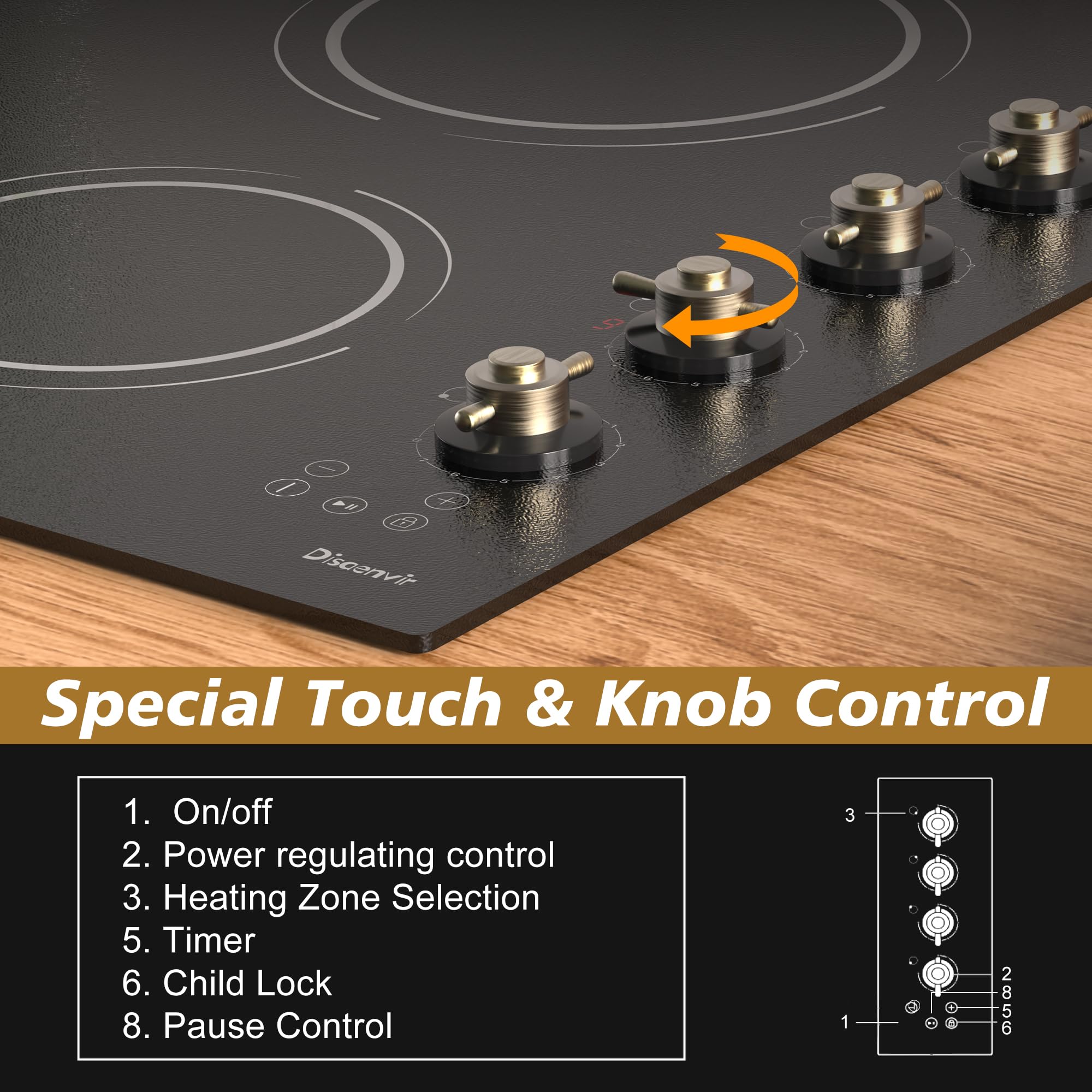 24 Inch Electric Cooktop - 4 Burner Drop-in Glass Ceramic Stove Top 6000W, 220V Radiant Electric Stove, 9 Power Level, Pause Key, Safety Lock, Touch & Knob Control, 240V Hard Wired (No Plug)