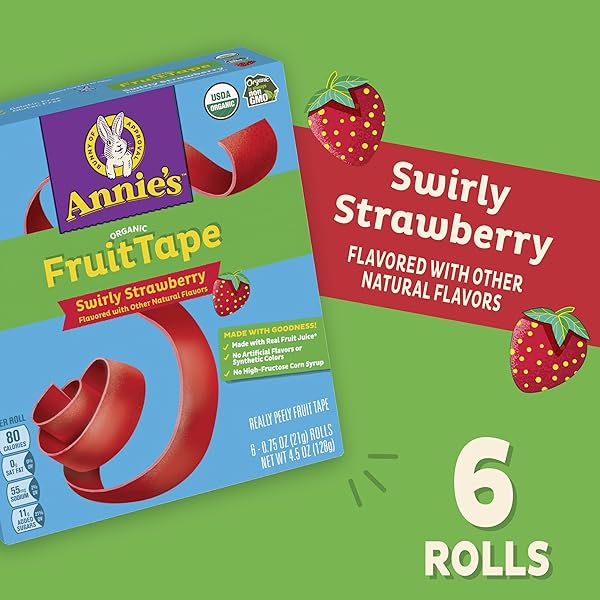 ANNIE’S ORGANIC FRUIT TAPE, SWIRLY STRAWBERRY, NON-GMO AND ORGANIC FRUIT FLAVORED SNACKS, 6 ROLLS, 4.5 OZ