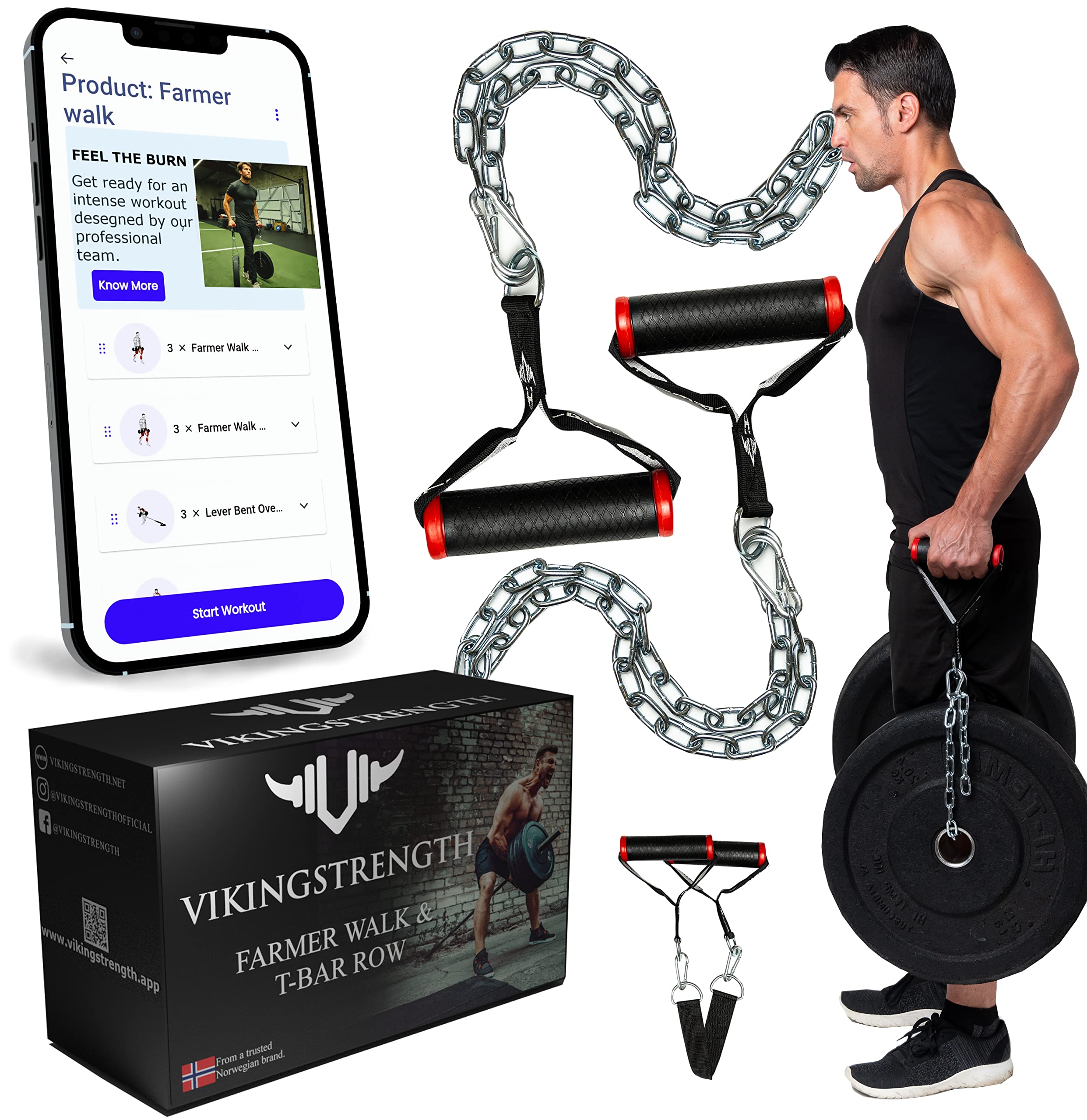 VIKINGSTRENGTH Farmers Walk Handles, Strongman Equipment in Pair + t-bar Row Handles Viking Press Attachment