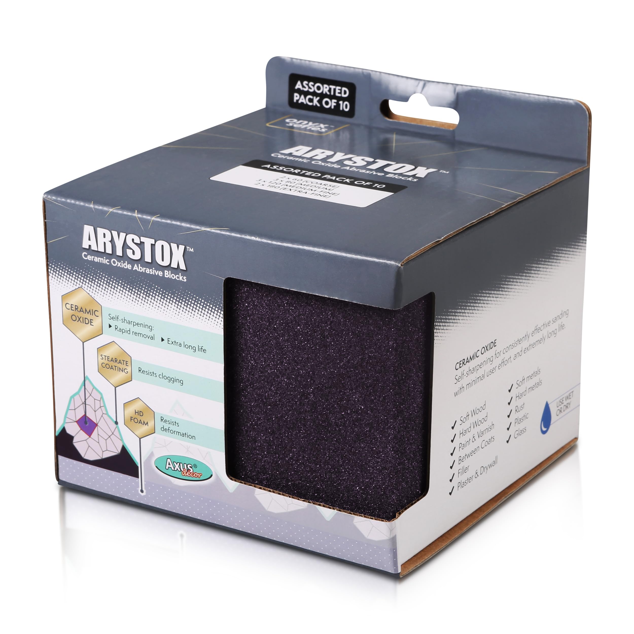 Axus Decor Arystox Ceramic Oxide Abrasive Blocks (Onyx Series) Sanding Block, Non-Stick Stearate Coating & High-Density Foam - Ideal For Wood, Plaster, Metals, Plastic, and Glass - Pack of 10