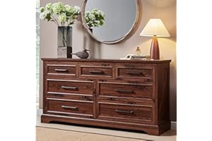 ACCOHOHO 7 Drawer Dresser, Farmhouse Chest of Drawers for Bedroom, 52" Wide Dresser TV Stand with Large Metal Handles, Wood Drawer Organizer for Living Room, Hallway - Brown