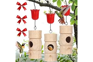 LOTKEY Hummingbird House,Wooden Hummingbird Houses for Outside for Nesting, Hummingbird Houses with Red Feeder Ribbons Gardening Gifts Home Decoration,3 Pack Cylindrical Style