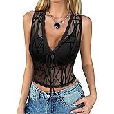 Womens Leopard Lace Trim Sexy Tank Tops Bow Tie Front Sleeveless Cheetah Print V Neck Tops Y2K Going Out Crop Top