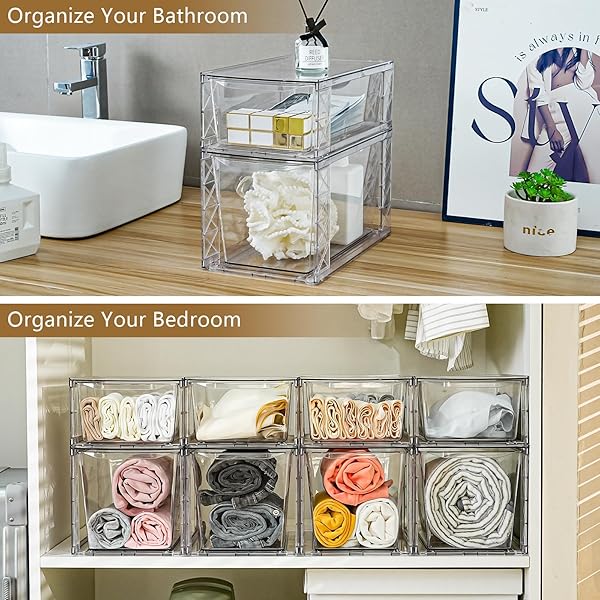 CLEMATE 6PACK STACKABLE KITCHEN STORAGE ORGANIZER, PANTRY ORGANIZERS AND STORAGE, CLEAR FOODS ORGANIZER BINS WITH HANDLES, EASILY ASSEMBLE FOR BATHROOM, KITCHEN, PANTRY, CABINET, CLOSET