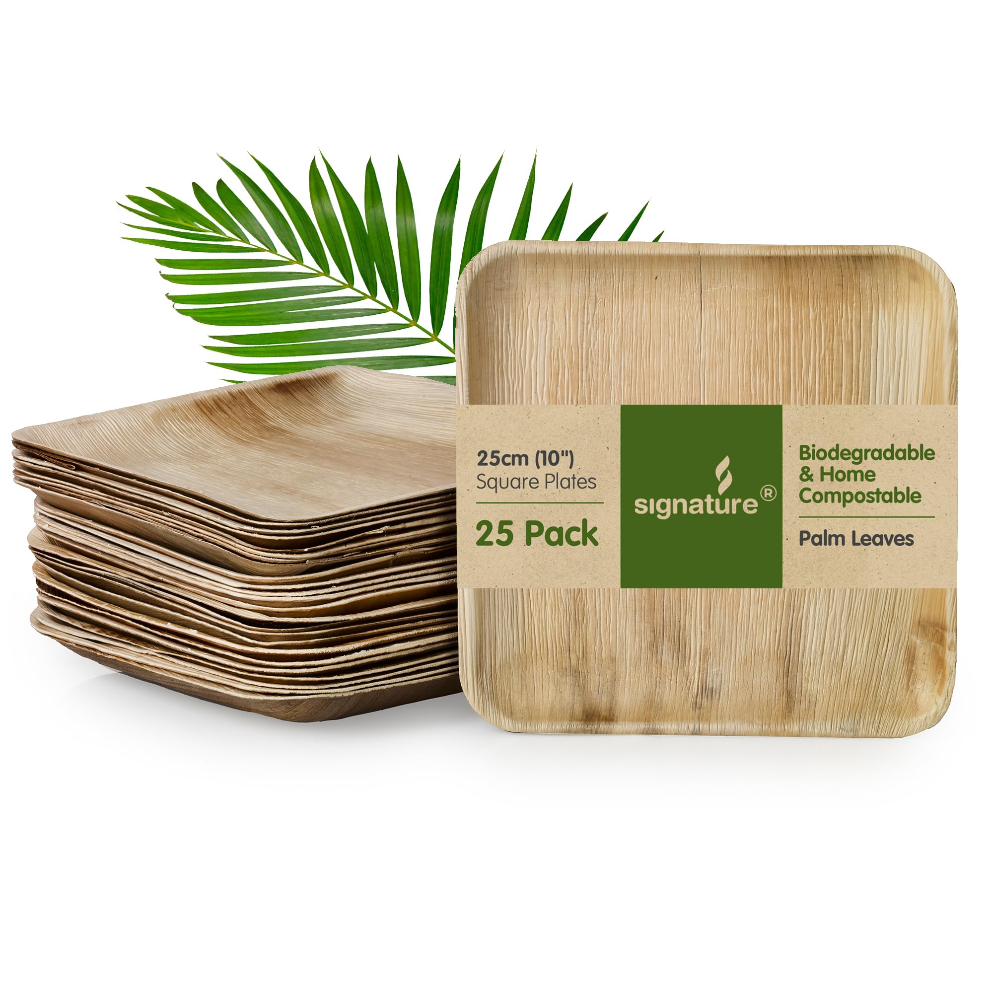 Signature Packaging Disposable Palm Leaf Plates, Sturdy Eco-Friendly Biodegradable Compostable Plates for Hot Food, Weddings, Picnics, Parties and Outdoor Events - 10", (25 Pack) Square