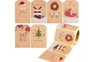 HUNANYUME 180 Pcs Kraft Christmas Gift Tags Christmas Labels, Self-Adhesive Christmas Name Tags 2 x 3 Inch Stickers in a Dispenser Box for Christmas Holiday Present Decorations, 6 Styles
