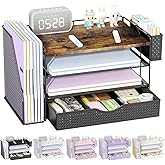 Wood Desk Organizers and Accessories with File Holder &amp; Catalog Racks | 4-Tier Desk Accessories &amp; Workspace Organizers with Drawer and Pen Holder, Desk Reference Racks (Wood, 4T with Drawer)