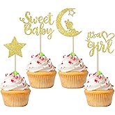 36 PCS It's a Girl Cupcake Toppers with Moon Glitter Star Sweet Baby Gender Reveal Cupcake Picks Baby Shower Kids Girls Birthday Party Cake Decorations Supplies Gold