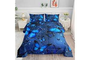 Datura home Blue Butterfly Comforter Set for Girls Women,Bright Blue Butterflies in Blue Sky with Stars Printed Bedding Set with 2 Pillowcases(Butterfly Blue Twin)