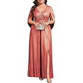 CYCLAMEN Plus Size Sparkly Formal Maxi Dress Cape Sleeve V Neck Side Split Dresses Cocktail Wedding Prom Evening Gown