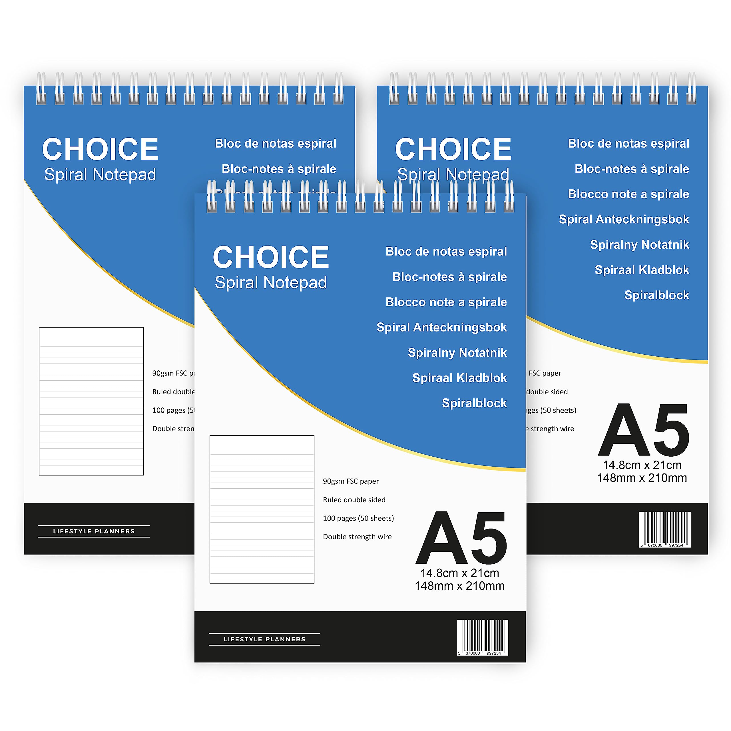 Choice A5 Ruled Notepads - 3 Pack - Double Strength White Wire - 90gsm white ruled paper - Perfect Daily Notepads