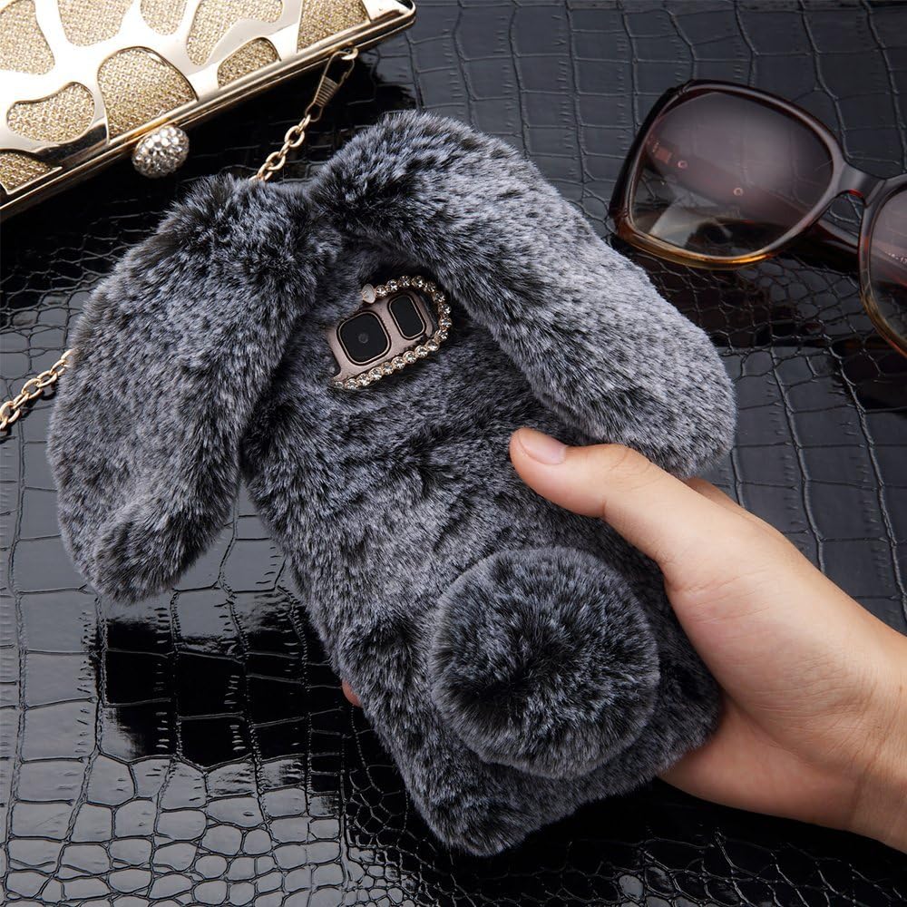 Plush Cover for Samsung Galaxy J3 2015 2016 Version Case LAPOPNUT Cute Bunny Ears Case Luxury Winter Soft Warm Cover Fluffy Furry Rabbit Shockproof Back Bumper with Chic Bling Crystal Diamond-Grey