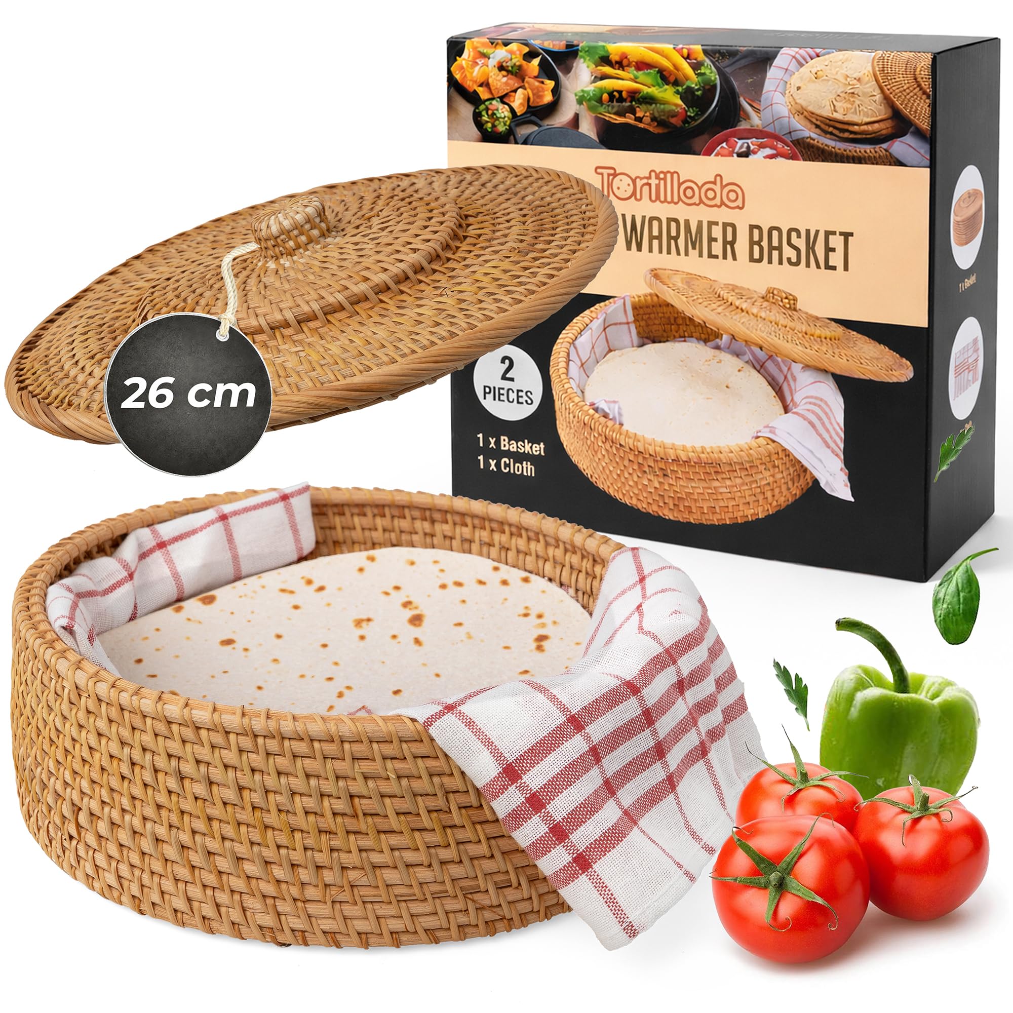 Tortillada - Tortilla Warmer 26 cm Rattan – Handmade Bread Basket for Tortillas, Wraps and Flatbread – Warming Basket incl. Cotton Cloth for Kitchen, Keeps Food Warm