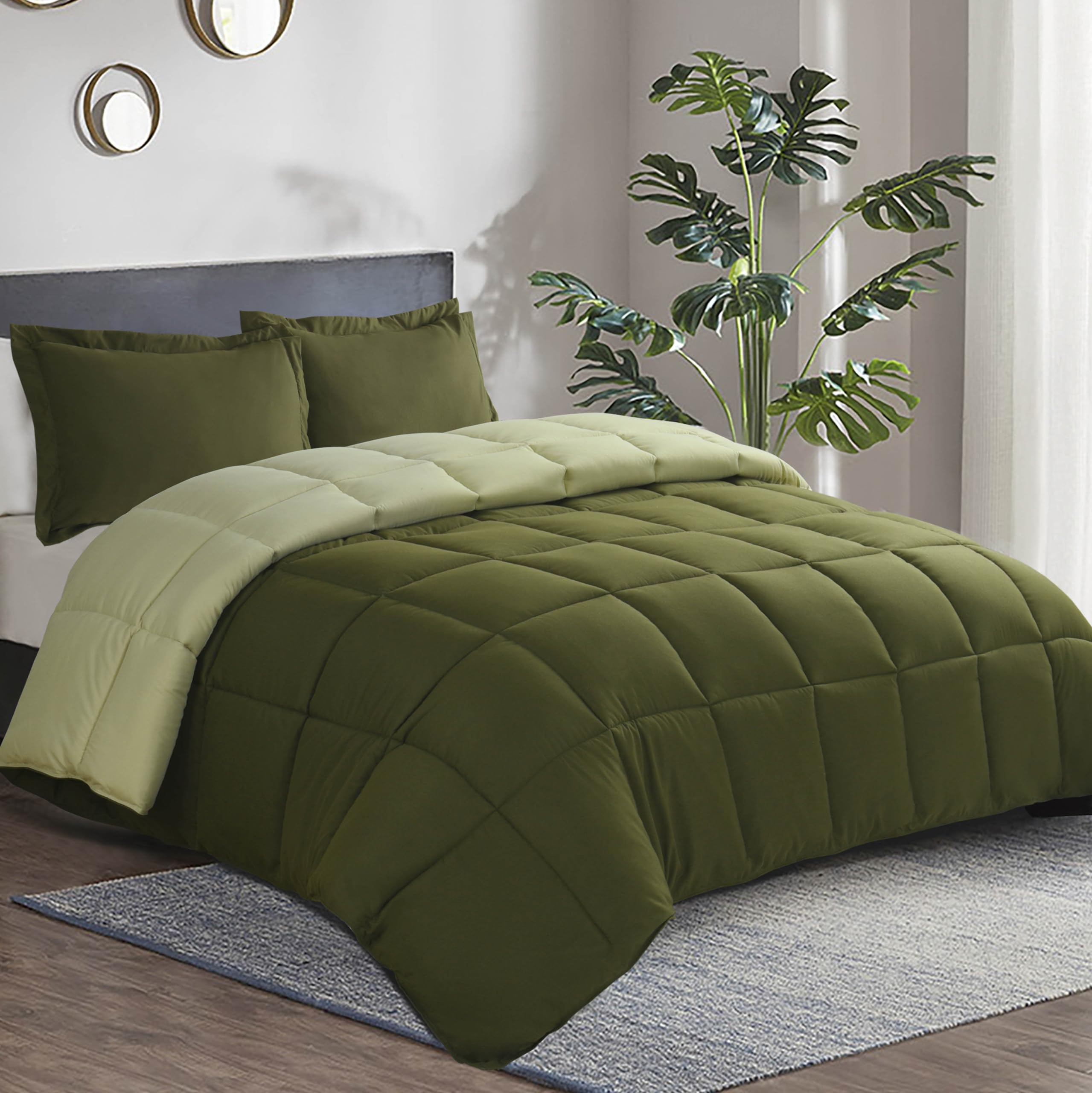 HIG 3pc Olive Green King Size Comforter Set - All Season Reversible Down Alternative Comforter with Two Shams - Quilted Duvet Insert with Corner Tabs - Box Stitched - Breathable, Soft, Fluffy Image