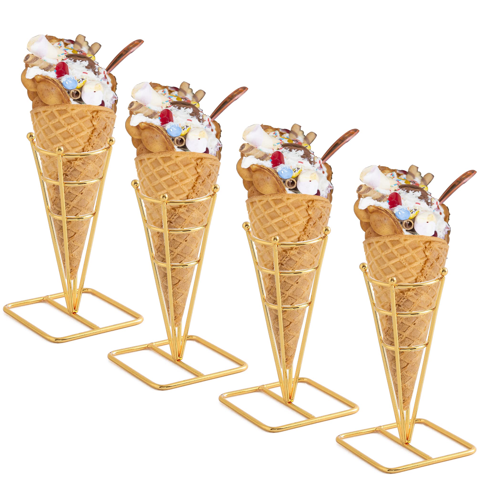 Photo 1 of BLBYHO Single Metal Gold Ice Cream Cone Holder Stand, Individua Waffle Cone Holder Sushi Hand Roll Stand for Standard Size Ice Cream Cones Appetizer Charcuterie Cones, Sugar Cones, Sushi (4 Pack)