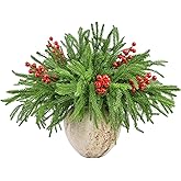18PCS Artificial Norfolk Pine Branches Set, 13PCS 18 Inch Real Touch Christmas Faux Fake Greenery Evergreen Pine Stems Picks with 5PCS Red Berry Stems for Vases DIY Craft Garland Table Xmas Home Decor