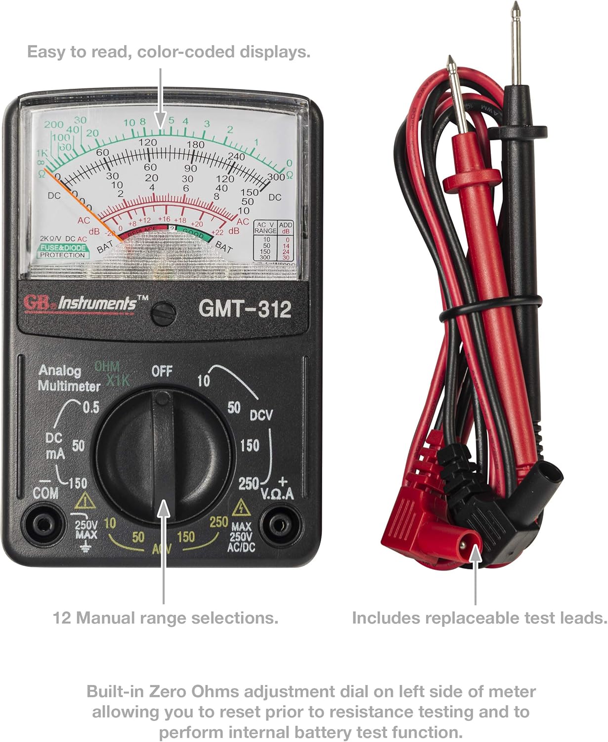 Gardner Bender GMT312 Analog Multimeter, 5 Function / 12 Range, 300V AC/DC, for AC / DC Voltage