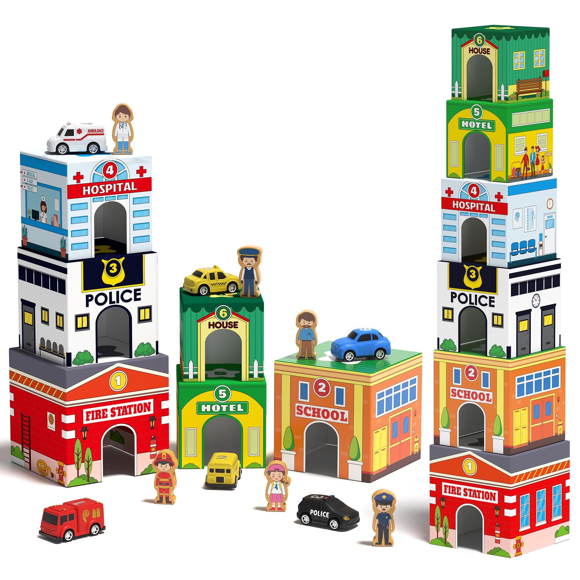 Photo 1 of Coogam Montessori Sorting & Stacking Blocks with Nesting Garages Cars, Stackable Number Boxes for Toddlers Learning Community Helpers, Preschool Educational Toy Gift for 2 3 4 Year Old Baby