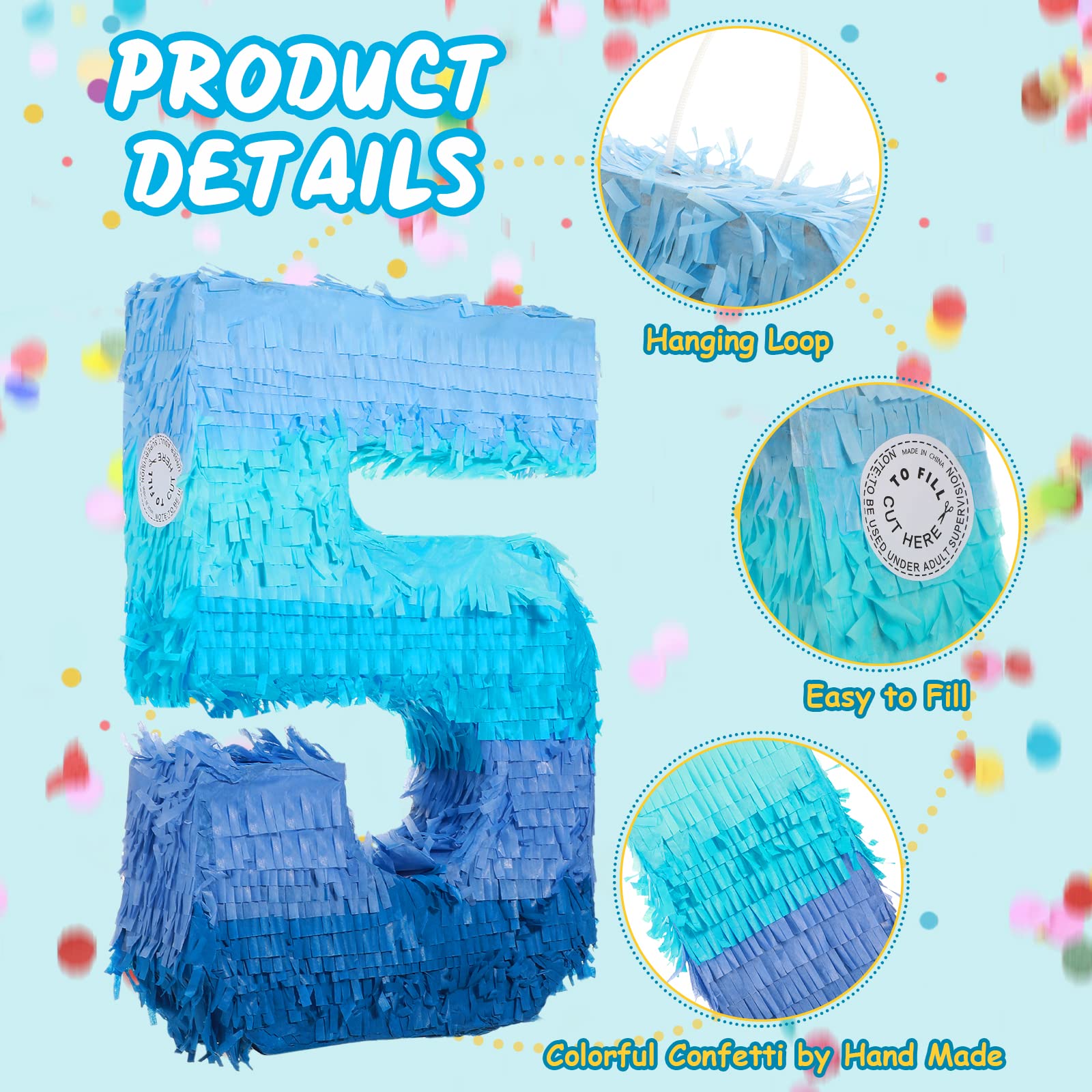 Sratte Number 1 2 3 4 5 6 7 8 9 Piñata with Stick Blindfold Confetti, Gradient Blue Piñata for Kids Boys Girls Birthday Party Anniversary Decorations Supplies(Number 5)