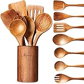 Wooden Spoons for Cooking - 8-Piece Wooden Kitchen Utensil Set made of Natural Solid Wood Material-Includes Spoons,Spatulas,Ladles,Mixing Spoon and Utensil Holder,Valentine's Day Gifts