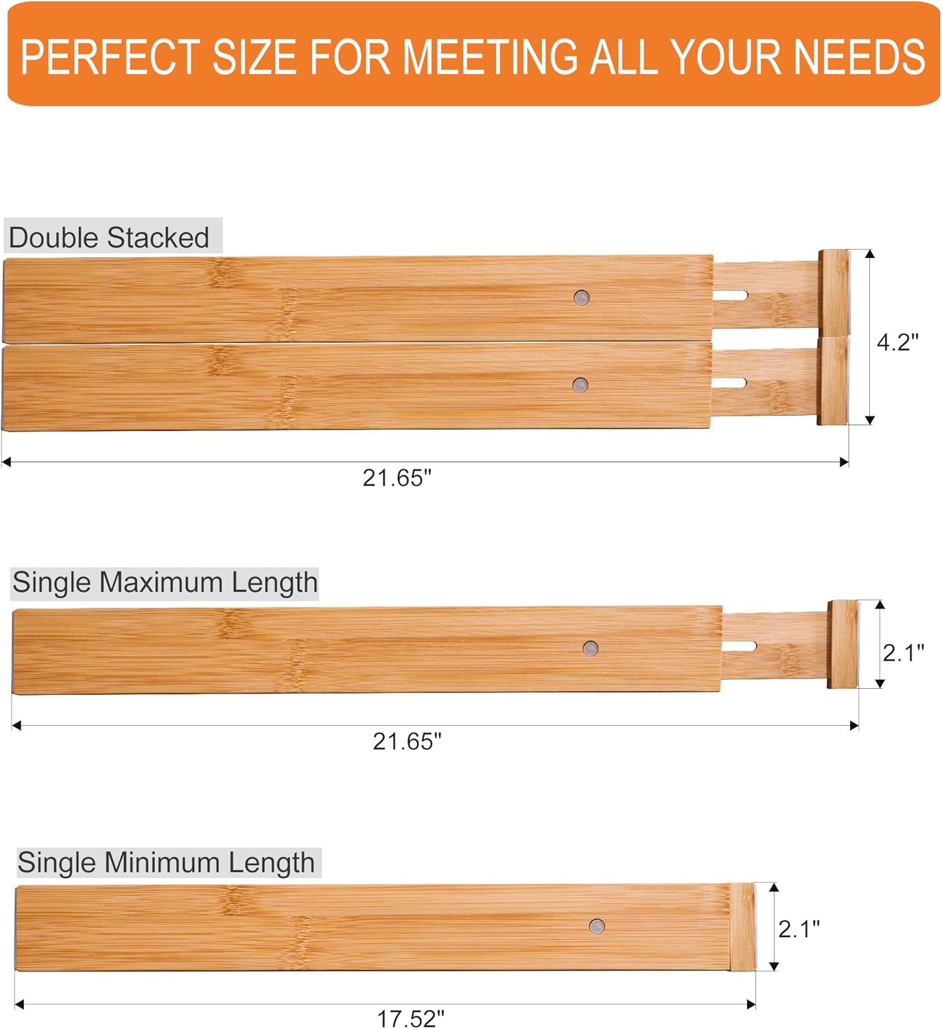 6 Pack Bamboo Drawer Dividers, Spring Loaded Adjustable Drawer Separators (2.1" High, 17.5"-21.65"), Perfect Expandable Wooden Drawer Dividers for Kitchen, Bedroom, Bathroom, Dresser & Office: Home & Kitchen