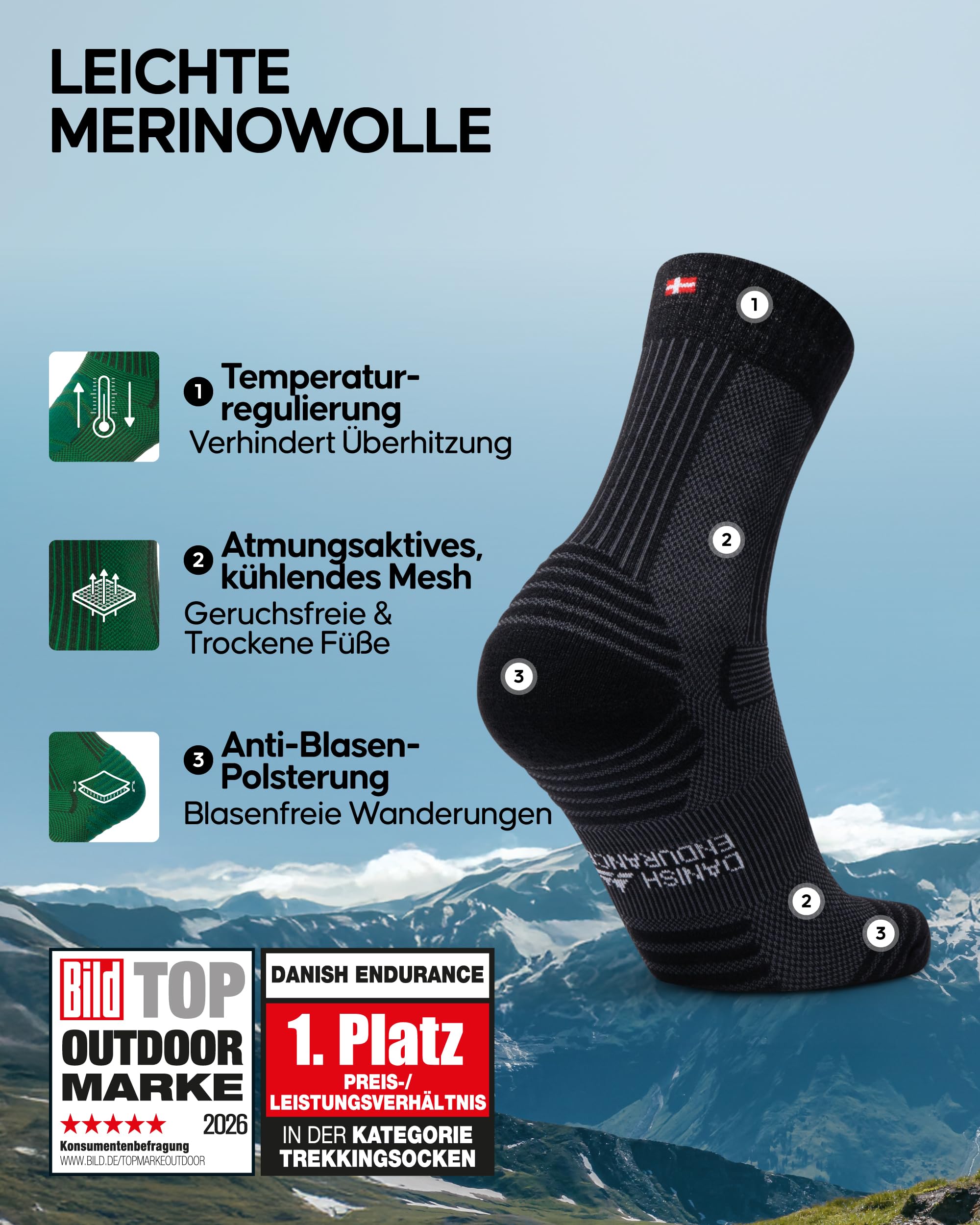 DANISH ENDURANCE Leichte Merino Wandersocken, 3 & 5 Paar, Schwarz, 43-47 2