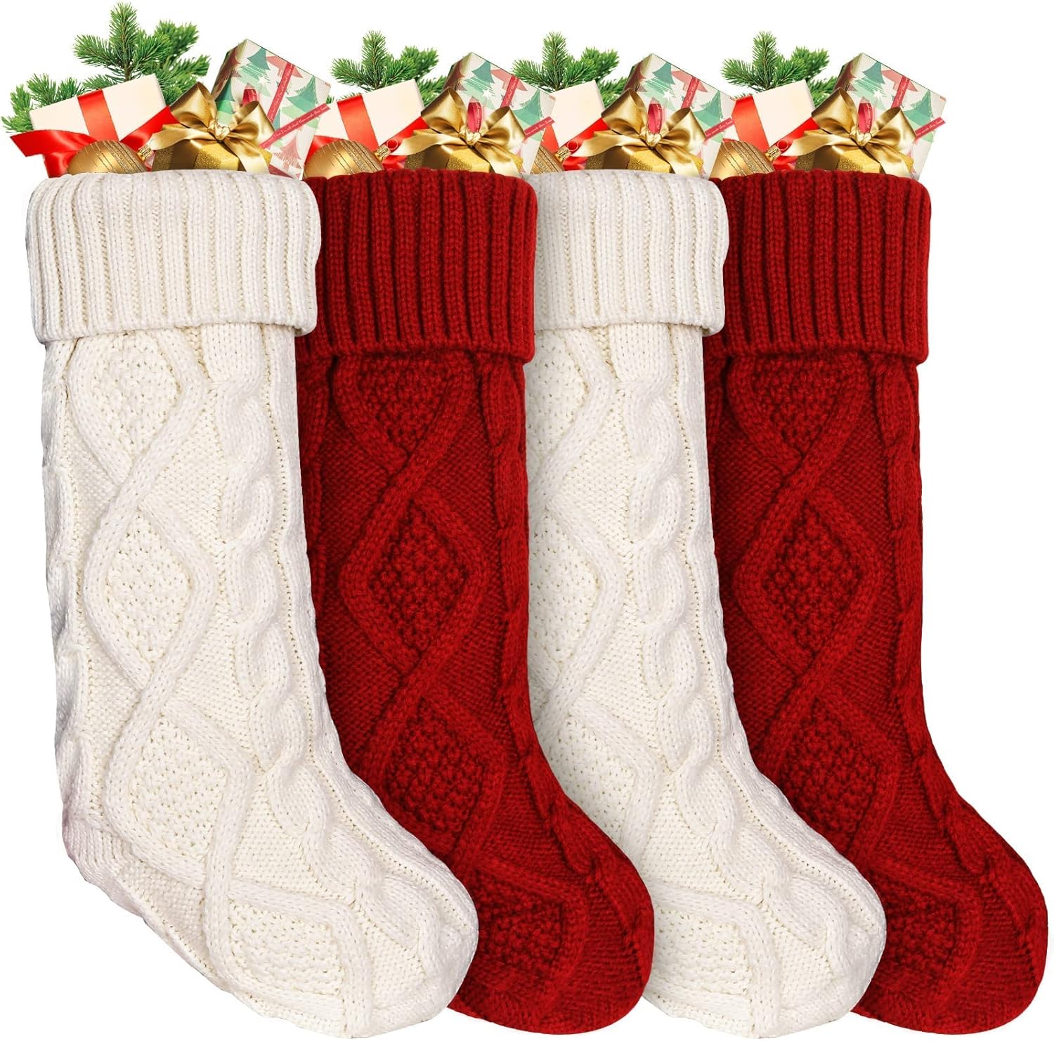 Stockings & Holders - Ankis Large Christmas Stockings 4Pack -18 Inches Christmas Stockings Double-Sided Cable Knitted Xmas Stockings Personalized Burgundy Red and Cream for Family Christmas Party Classic Decorations