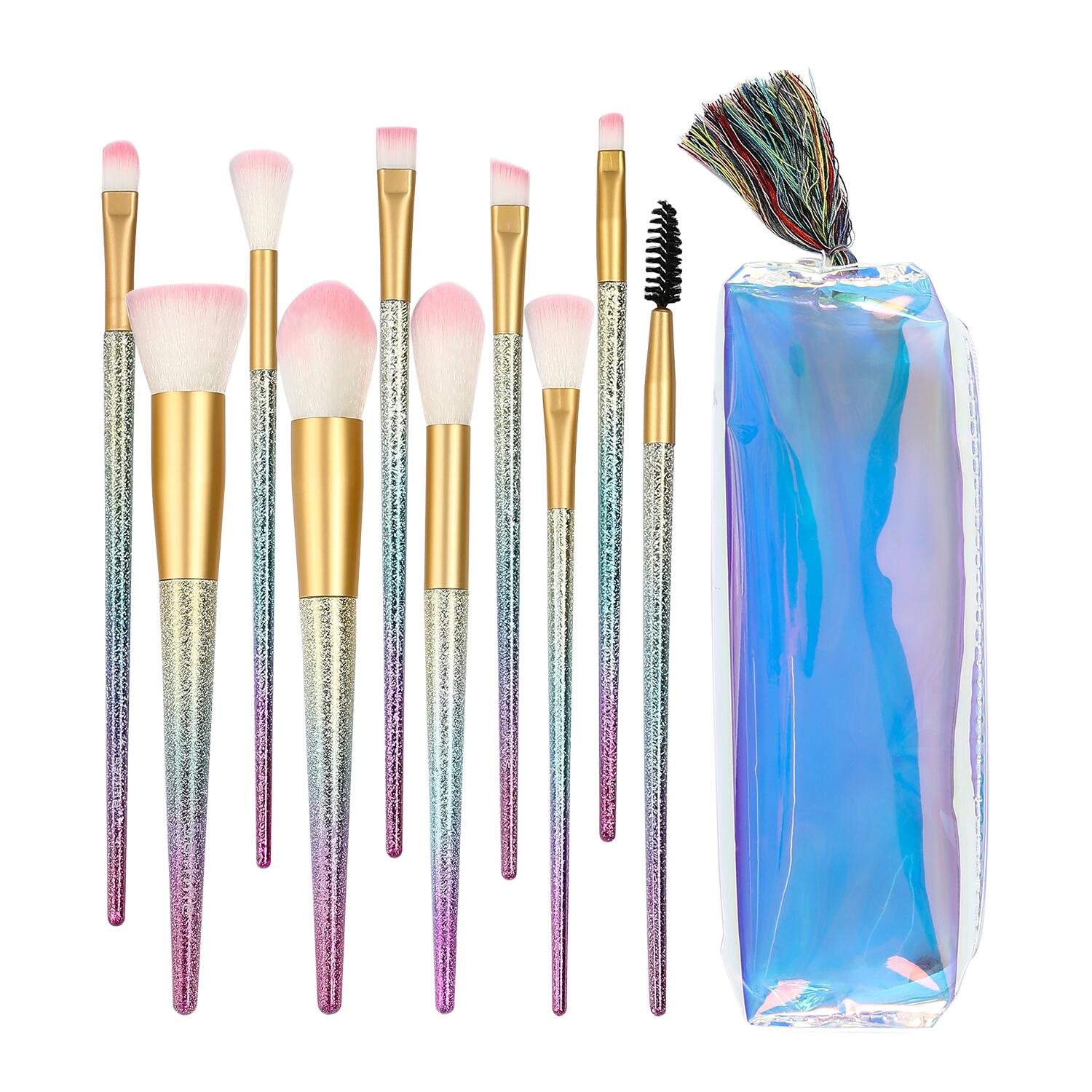 SAILINE 2018 NEW Colorful Makeup Brushes Sets 10Pcs Professional Foundation Powder Eyeshadow Blending Concealer Cosmetics Tools Rainbow Gradient Colors kits With Storage Bag