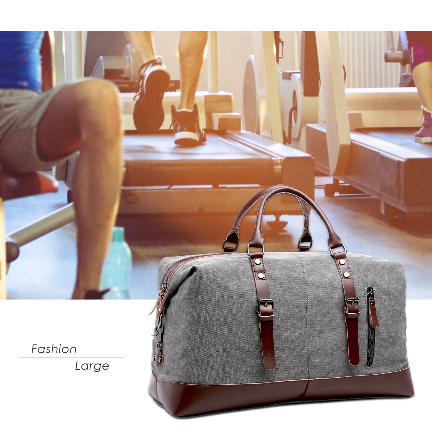 Sports Holdall Weekend Travel Duffel Bag,Fresion Portable Canvas Handbag Carry on Overnight Bags with Genuine Leather (Grey)