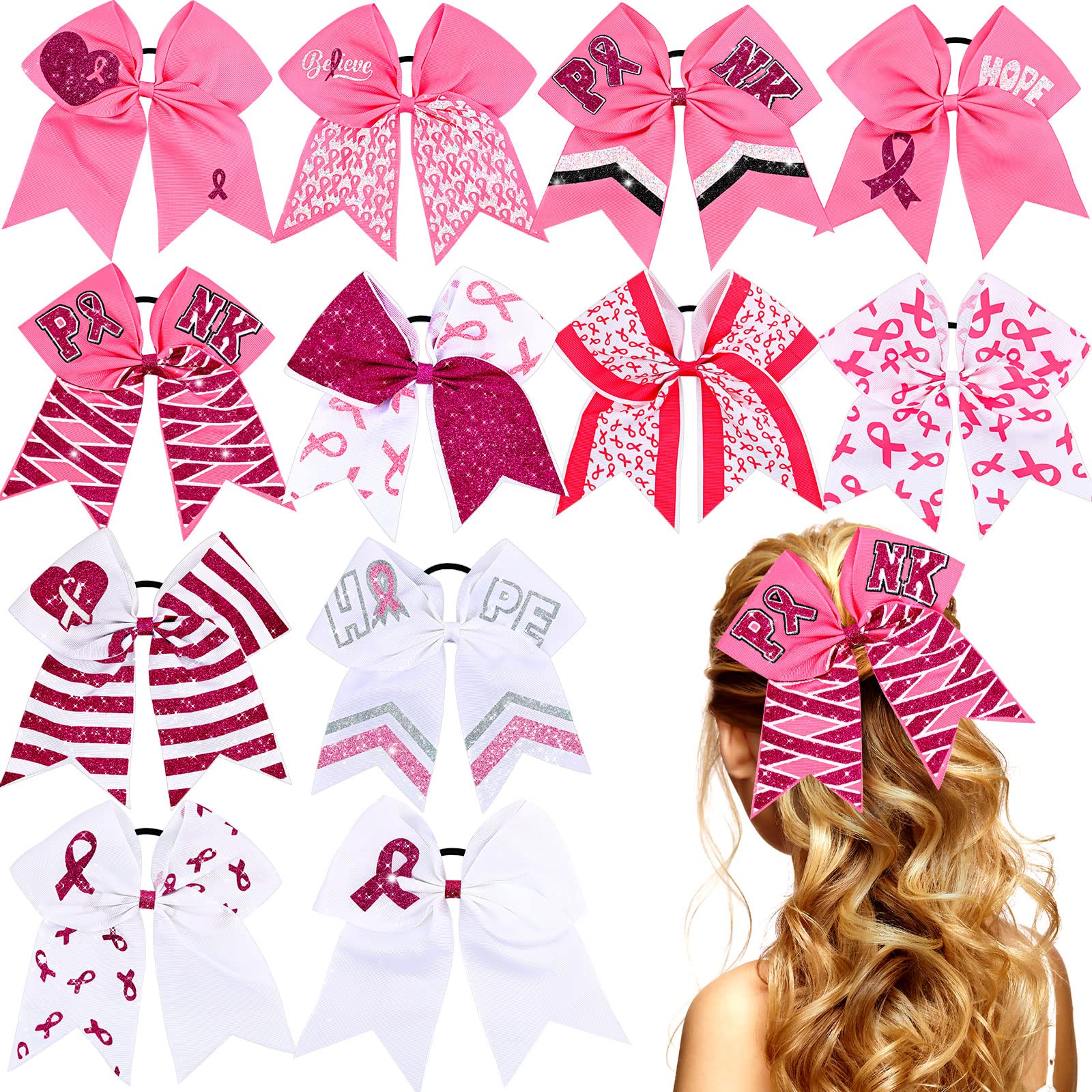 Photo 1 of 12 Cheer Ponytail Holders with Pink Ribbon Design - 7 Inch Large Elastic Hair Bows, Ties and Hair Bands for Women, 12 Styles - Breast Cancer Awareness Accessories