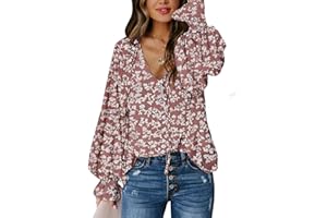Biucly Women's Casual Boho Floral Print V Neck Long Sleeve Drawstring Tops Loose Blouses Button Down Shirts