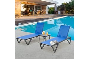 DOMI OUTDOOR LIVING Domi Pool Lounge Chairs, Aluminum Patio Chaise Lounge with Side Table, 5 Position Adjustable Backrest and Wheels, All Weather Outdoor Lounge Chairs for Beach, Yard, Balcony, Poolside, Blue