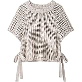 WDIRARA Women's Tie Side Hollow Out Crochet Sweater Short Sleeve Crew Neck Pullovers Knit Tops