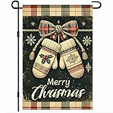 BlissYard Christmas Garden Flag 12x18 Inch Mittens Plaid Bow Flag Double Sided Vintage Holiday Banner Outdoor Retro Winter Yard Decoration for Lawn Porch