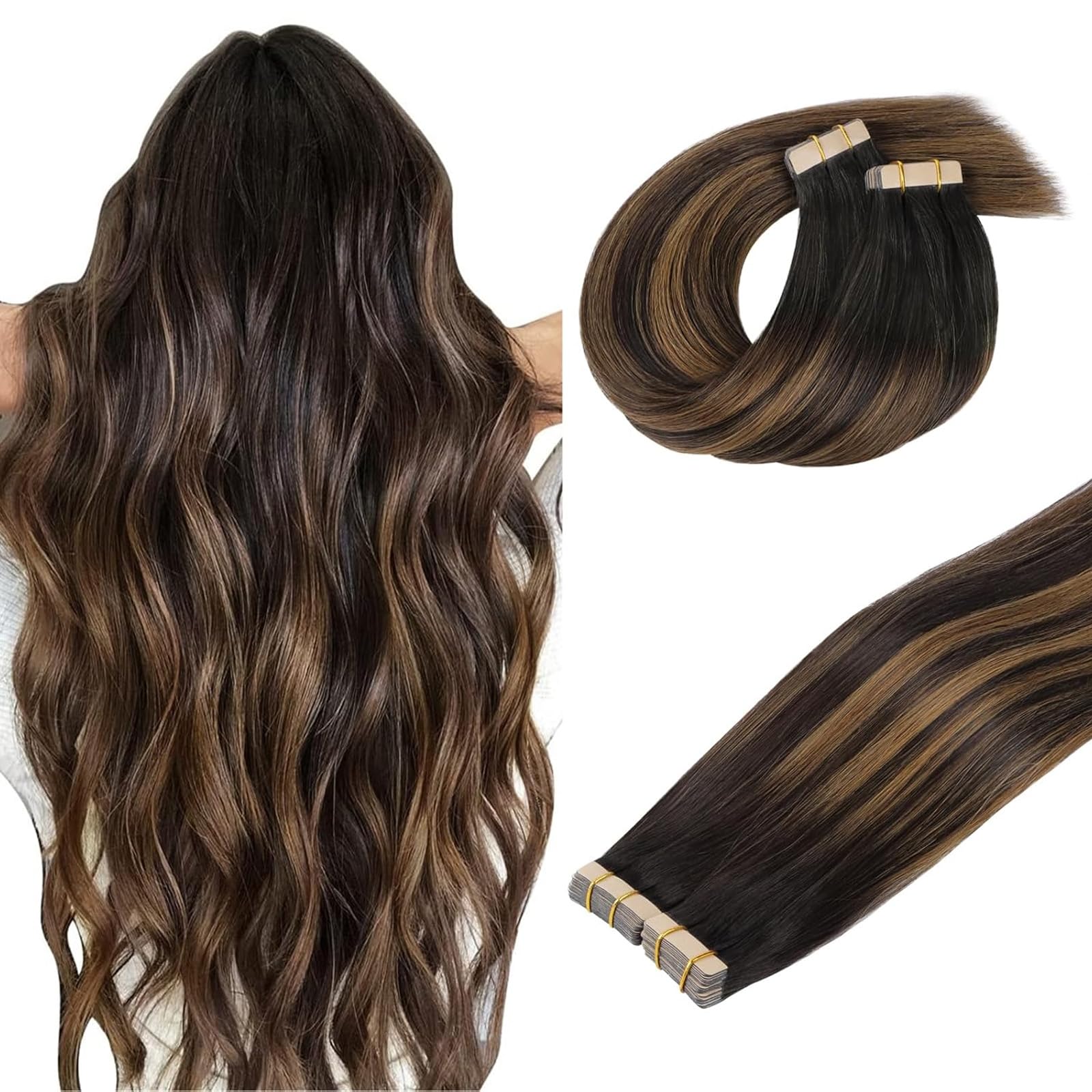 DOORES Human Hair Extensions Tape in, Balayage Dark Brown to Chestnut Brown, Real Hair Extensions 40pcs 24 Inch 100g, Tape in Straight Natural — image 1