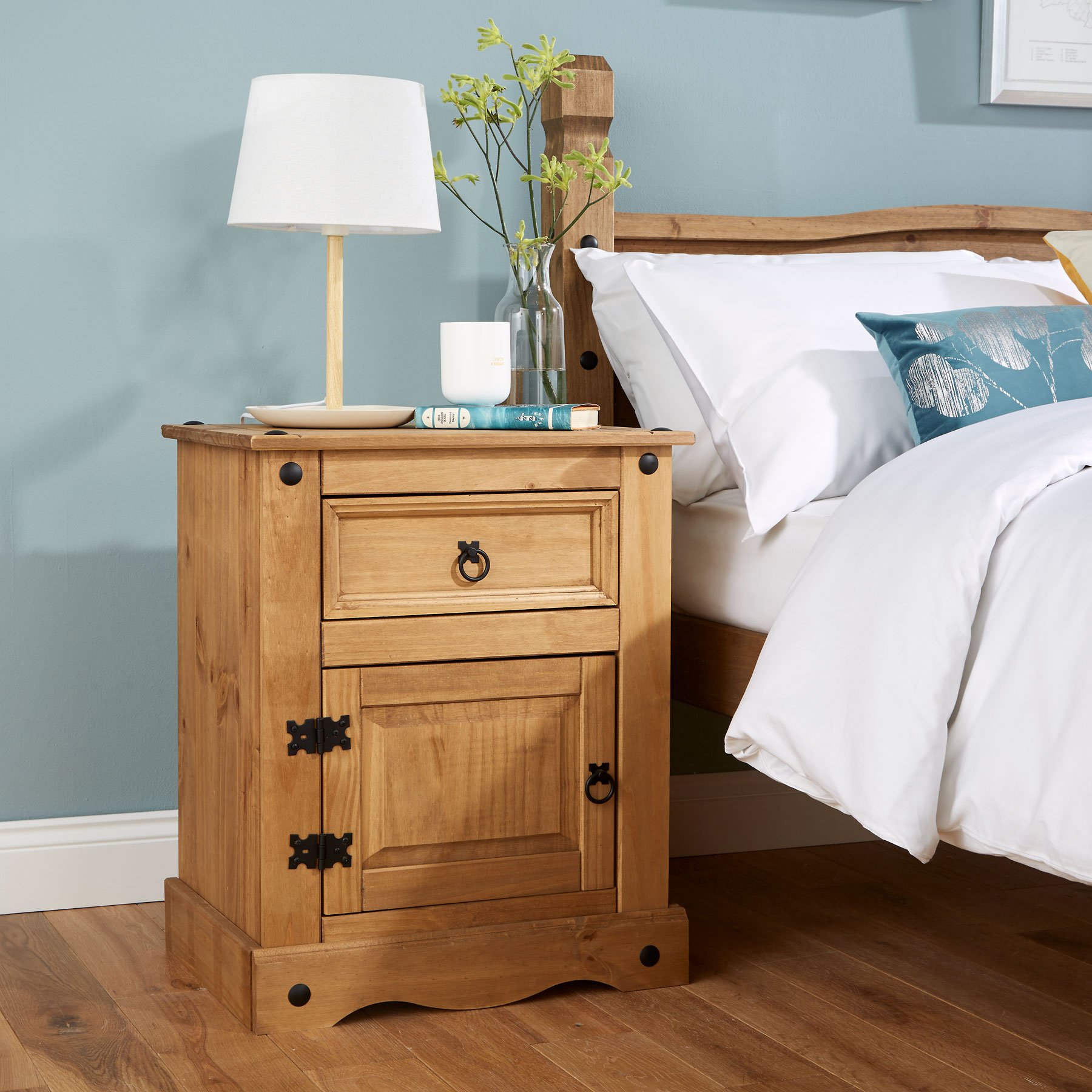 Home Source Corona Solid Pine Bedside Cabinet 1 Door 1 Drawer Night Stand Table