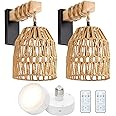 Espossi Battery Operated Wall Sconce, Rattan Wall Sconces Battery Operated Set of 2, Boho Battery Wall Sconce with Remote Control, Wireless Wall Light for Bedroom, Living Room, Entryway