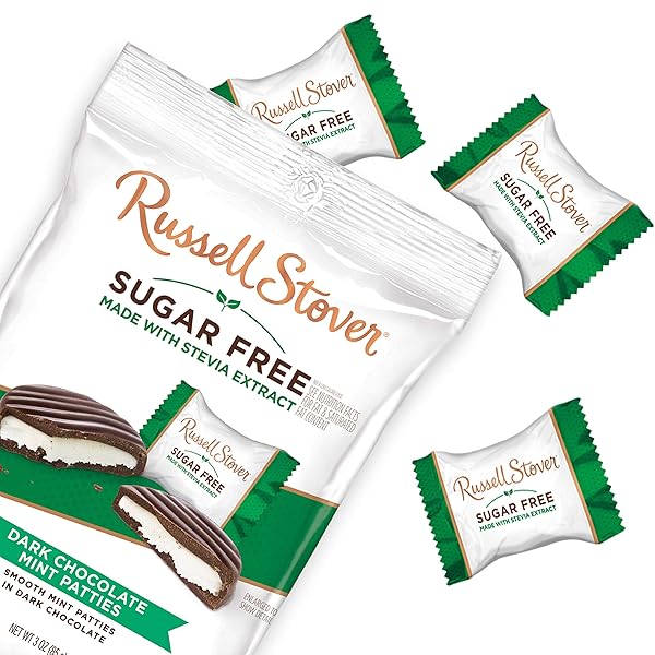 RUSSELL STOVER SUGAR FREE DARK CHOCOLATE MINT PATTIES WITH STEVIA, 3 OUNCE BAG