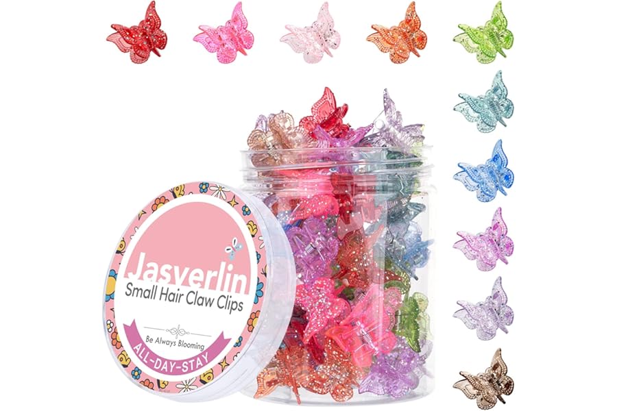 JASVERLIN Glitter Mini Butterfly Hair Claw Clips, Sparkly Colorful Hair Accessories for Girls and Women – 90s Y2K Cute, Small, Tiny Clip in 10 Assorted Colors, Set of 50 (Glitter)